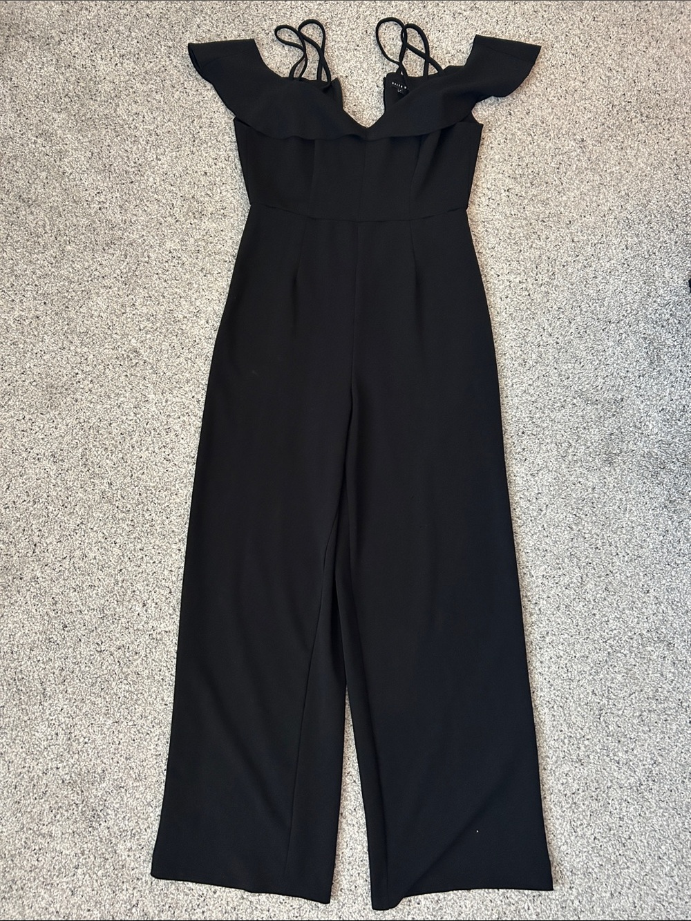 Black Off-Shoulder Wide-Leg Jumpsuit with Ruffle Neckline